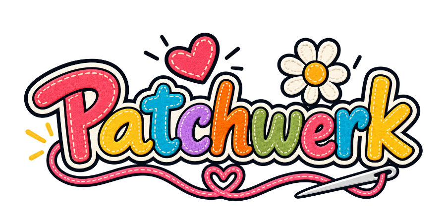 Patchwerk Logo mit bunten gestickten Buchstaben